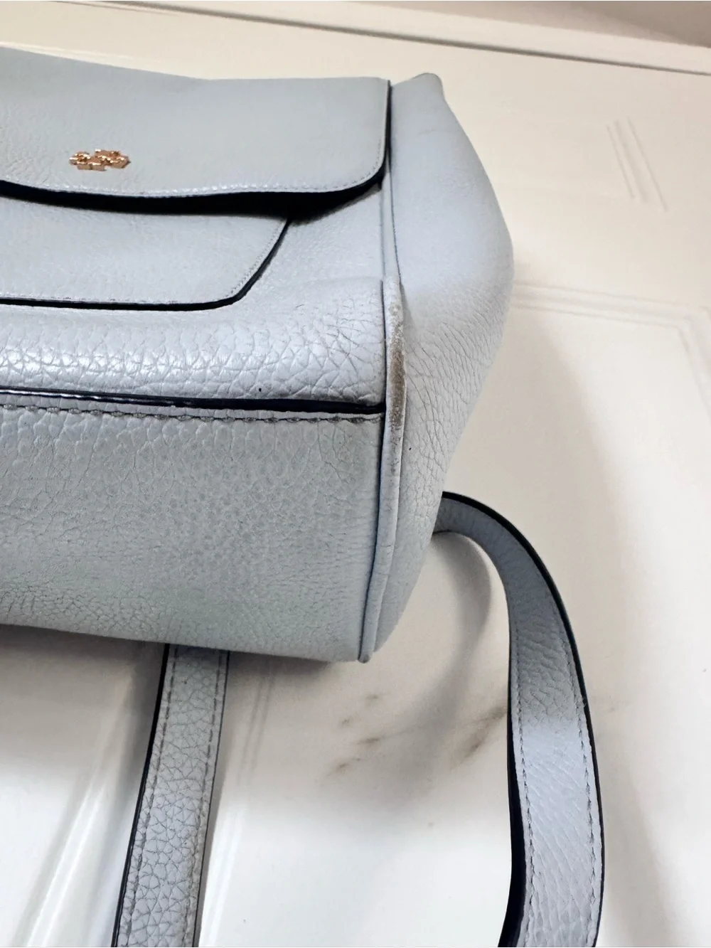 Tory Burch Carter Flap Backpack Luna Light Blue/Gray Trendy Purse Handbag $498